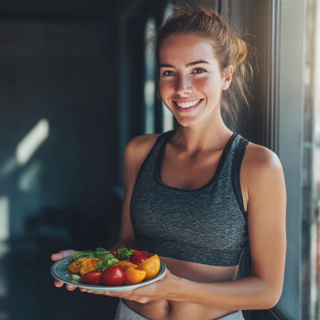 Молода європейська жінка віком близько 30 років з теплою посмішкою готує здорову їжу на кухні, реалістичний стиль